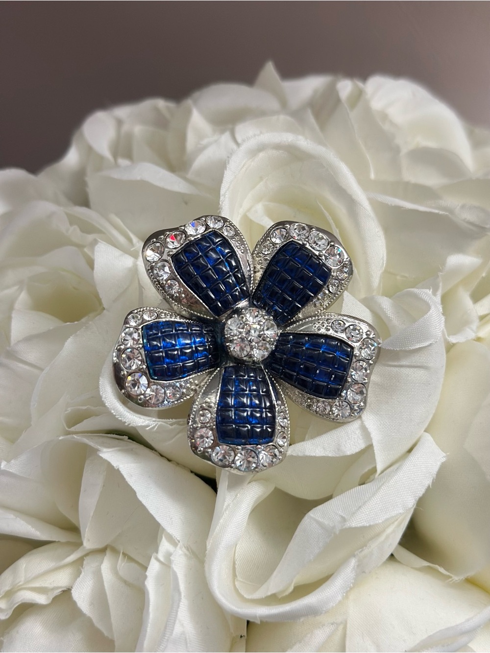 AVON | Signed Vintage Silver Floral Brooch | Blue Square & Clear Crystals | EUC